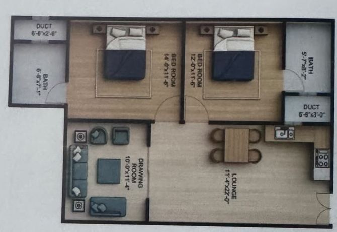 Floor plan of the 1,000 sq ft two-bedroom apartment